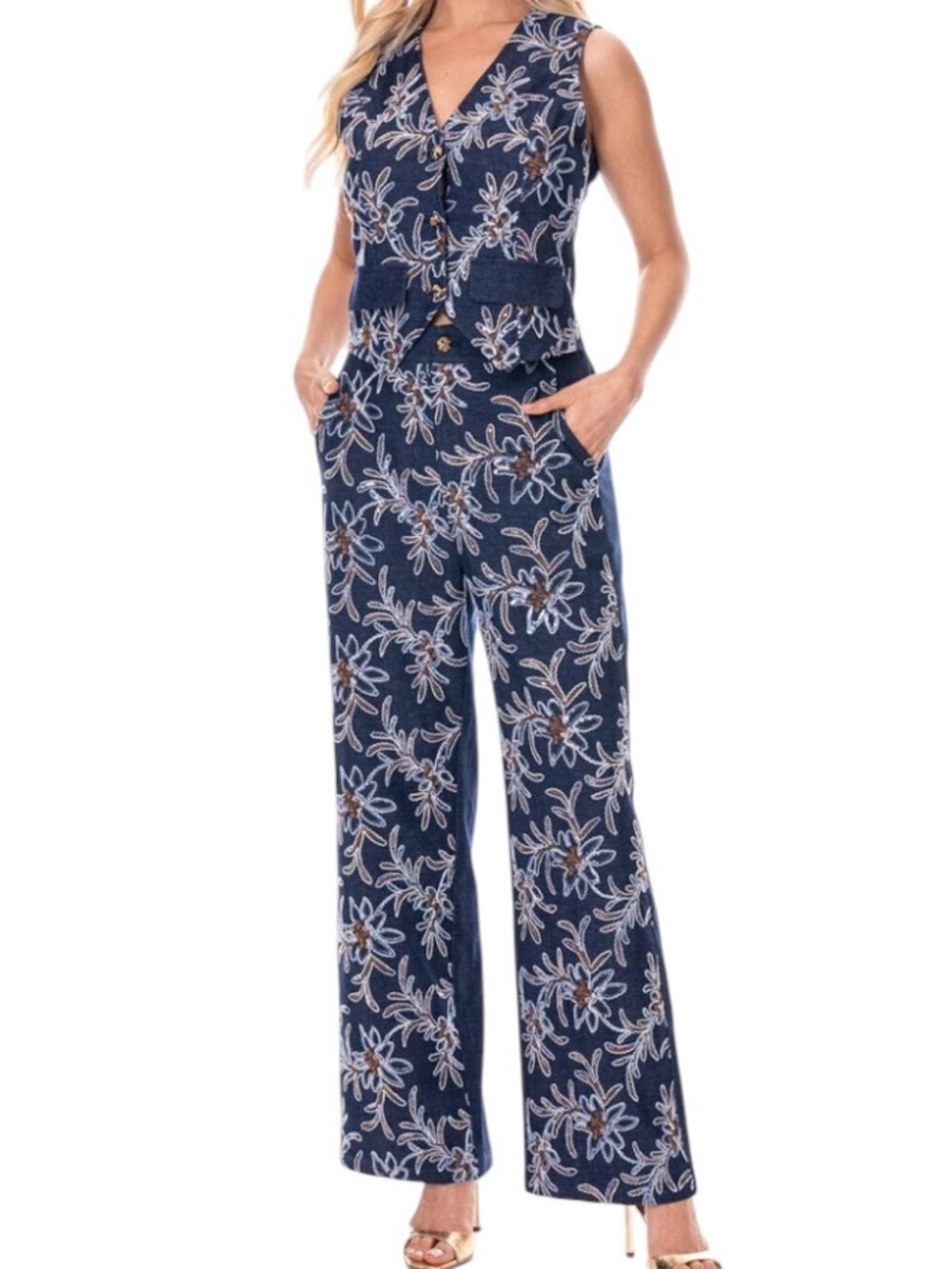 Embroidered & Embellished Sleeveless Vest & Elastic Waist Stretch Denim Pant SET - Picture 2 of 4